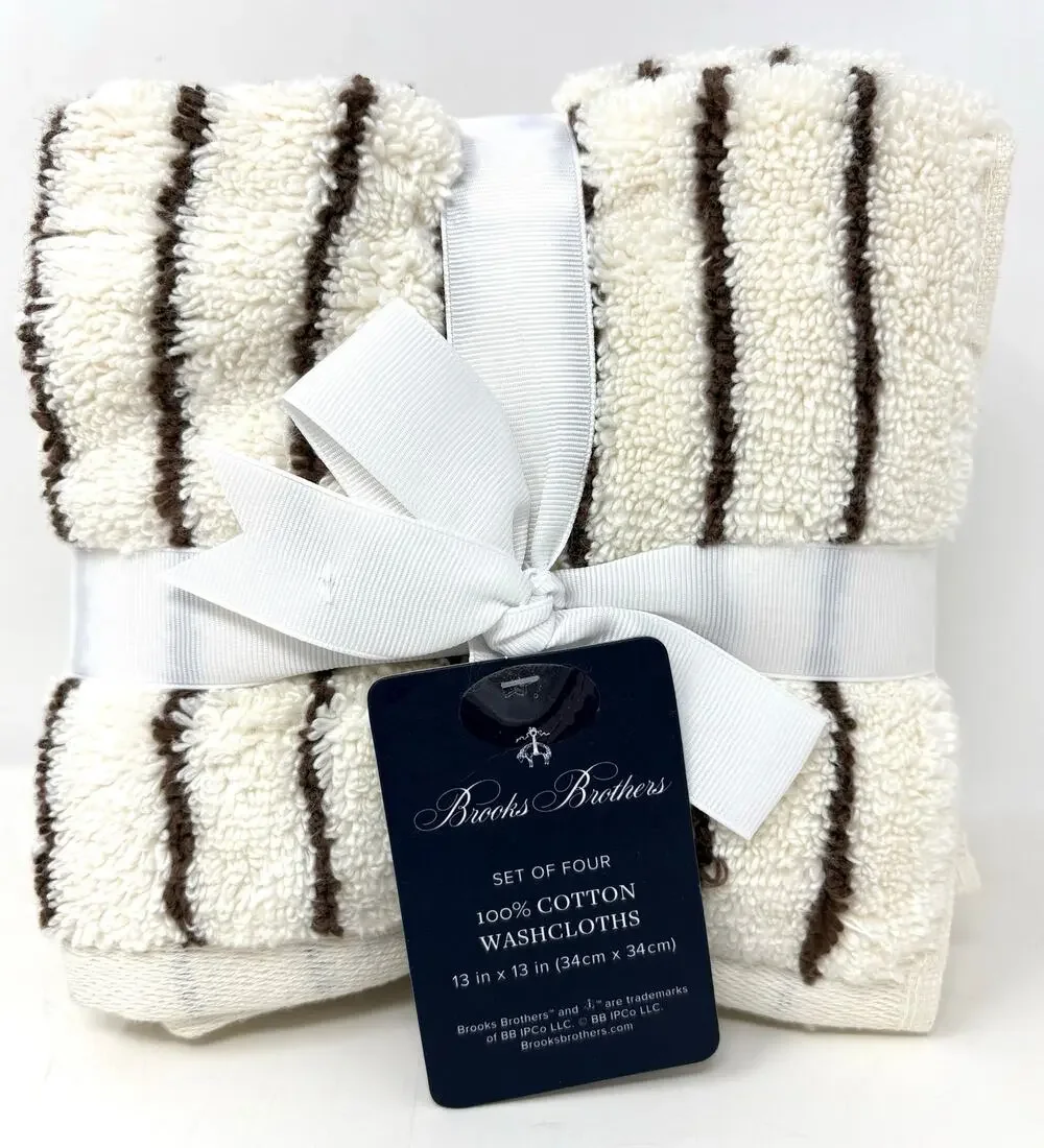 Brooks Brothers Brown Cream Striped Cotton Washcloths 4 Measures 13 X 13”